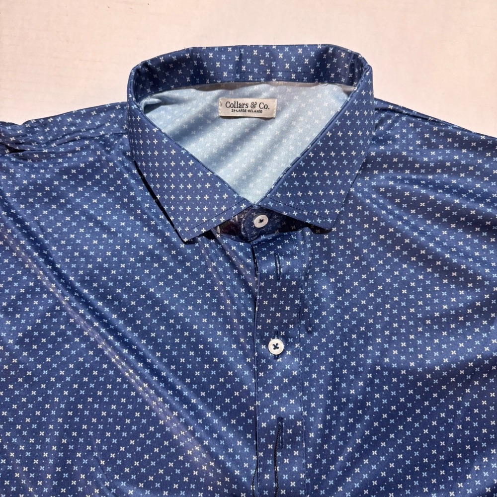 Collars & Co Mens 2XL Relaxed Blue Geometric Dress Collar Polo Shirt New